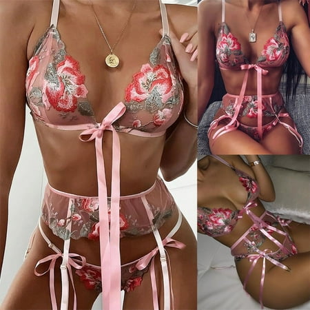 3PCS Bra Lace New Fashion Bow Tie Sleepwear Underwear Lingerie Flower Lace