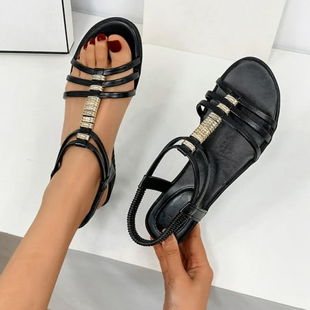 

XIAQUJ Ladies Fashion Bohemian Color Contrast Leather Open Toe Wedge Heel Casual Sandals Sandals for Women Black 6.5(37)