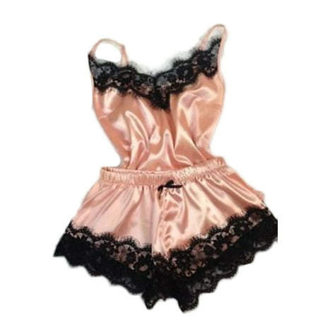 Women Satin Lace Sleepwear Babydoll Lingerie Nightdress Pajamas 2pcs Set 
Women Satin Lace Sleepwear Babydoll Lingerie Nightdress Pajamas 2pcs Set