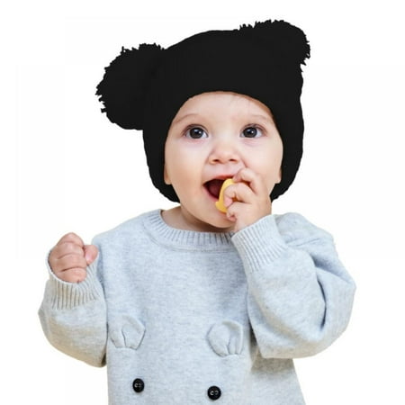 

Infant Toddler Beanie Woolen Hat Pure Color Winter Twist Double Pom Pom Wool Knitted Cap for 1-3 Years Old