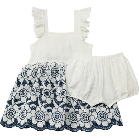 Baby Grey Eyelet Embroidered Baby Dress 18 Months Toddler Ivory/Navy