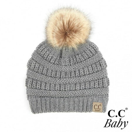 C.C Baby Knit beanie featuring faux fur pom pom Gray 
C.C Baby Knit beanie featuring faux fur pom pom Gray