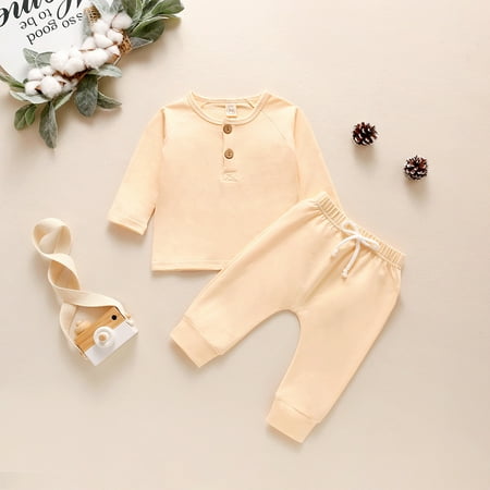 BadyminCSL Infant Baby Boys Girls Solid Long Sleeve Button Tops + Pants Outfit Set