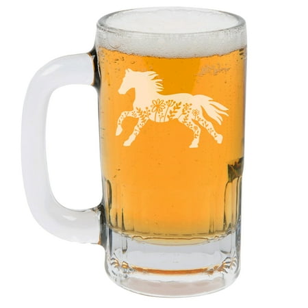 12oz Beer Mug Stein Glass Gift Floral Horse