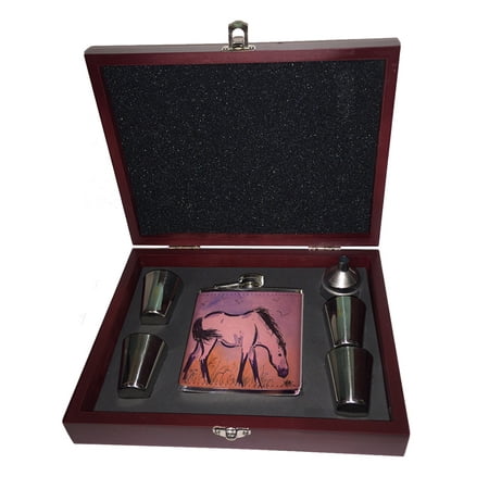 

KuzmarK Pink Leather Flask Set in Rose Wood Gift Box - Marsh Tacky Pony in Purple Mustang Wild Horse Art by Denise Every