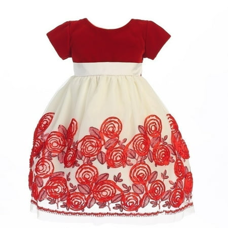 Little Girls Red Velvet Satin Ribbon Roses Tulle Dress 2T