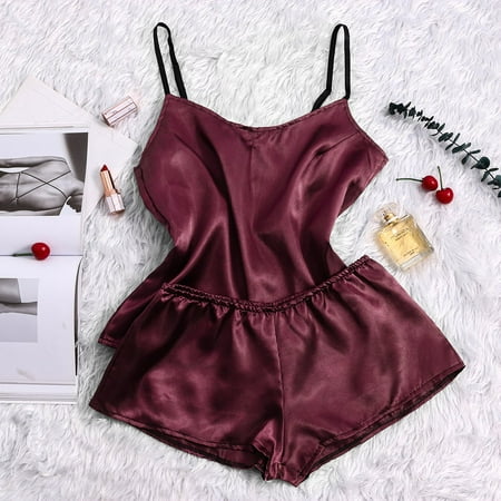 2PC Lingerie For Women Satin Silk Pajamas Bow Nightdress Lingerie Women Underwear Sleepwear Satin