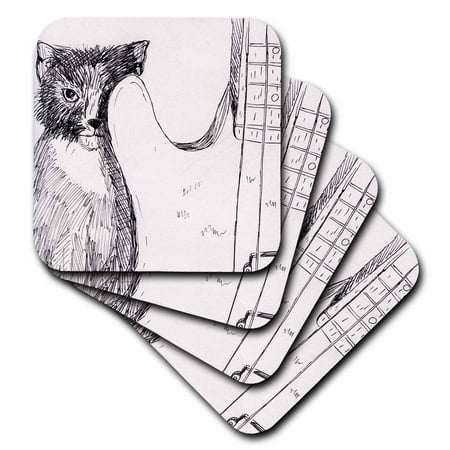 3dRose cat hiding behind bass guitar sketch - Soft Coasters set of 8