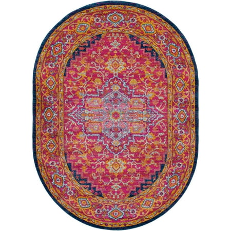 6.5' x 9' Traditional Style Saffron and Blue Oval Area Throw Rug