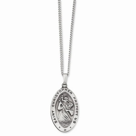 24in Rhodium-plated Engravable Large Oval St. Christopher Medal Necklace