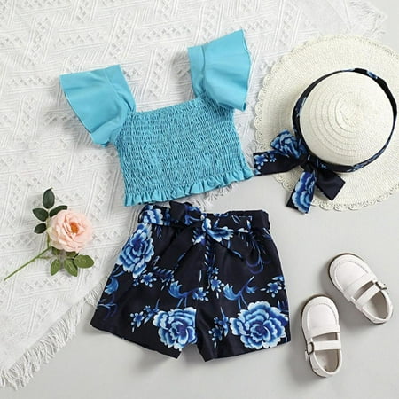 Summer Girls Elastic Solid Color Fly Sleeve Tops Floral Print Shorts Clothing Set Fashion Casual Outfits With Sun Hat 3pcs
Summer Girls Elastic Solid Color Fly Sleeve Tops Floral Print Shorts Clothing Set Fashion Casual Outfits With Sun Hat 3pcs
