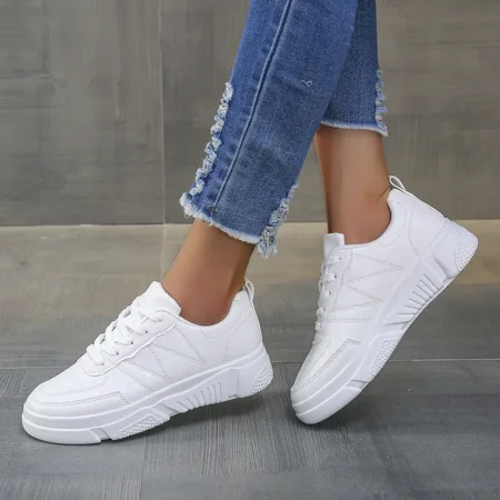 Women‘s Casual Sneakers Lightweight White Sports Shoes Thick Sole Lace-up Skate Shoes