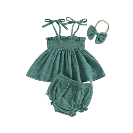 Eyicmarn Baby Girl 3Pcs Summer Outfits Sleeveless Tie Strap Shirred Tops + Shorts + Headband Set
Eyicmarn Baby Girl 3Pcs Summer Outfits Sleeveless Tie Strap Shirred Tops + Shorts + Headband Set