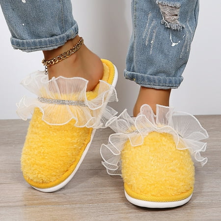 LnjYIGJ Women s Slippers Autumn And Winter Lace-side Toe Cotton Slippers To Keep Warm Indoor Women s Cotton Shoes