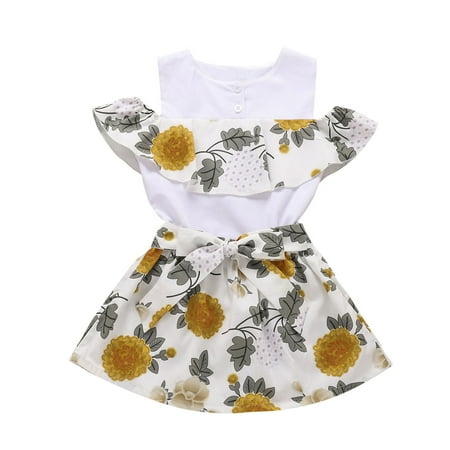 Toddler Kids Baby Girls Floral Ruffled Sleeveless Bowknot Dress Outfits Sets