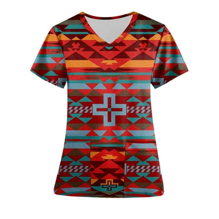 

Scyoekwg Scrub Tops for Women Short Sleeve Working Uniform T Shirts Vintage Geometry Printed Graphic Tees Casual Summer V-Neck with Pocket T Shirts Blouses Clearance Red XL(10)