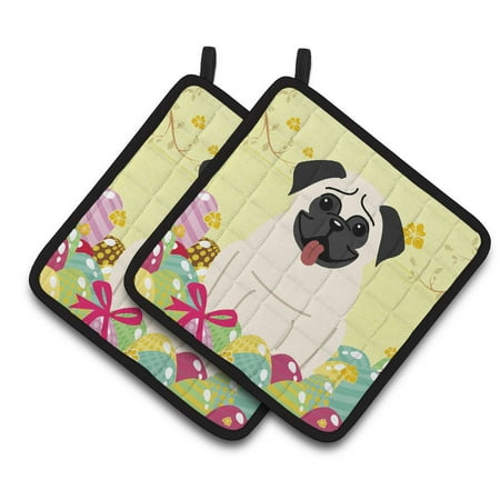 Caroline s Treasures Easter Eggs Pug Cream Pair of Pot Holders