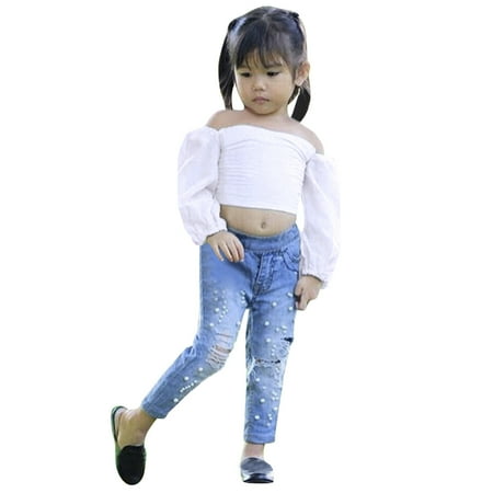 XINSHIDE Toddler Kids Girls Off Shoulder Tshirt Tops Hole Denim Jeans Long Pants 2Pcs Outfits Set 7 Years Baby Clothing
XINSHIDE Toddler Kids Girls Off Shoulder Tshirt Tops Hole Denim Jeans Long Pants 2Pcs Outfits Set 7 Years Baby Clothing