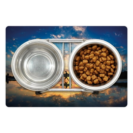 Ride the Wave Pet Mat for Food and Water, Surfer Walking Before Horizon with Cloudy Sky Coastal Charm Image, Non-Slip Rubber Mat for Dogs and Cats, 18" X 12", by Ambesonne