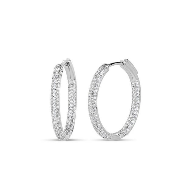 Sterling Silver Cubic Zirconia Oval Inside Out Hoop Earrings