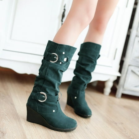 Women Boots Winter Flat Round Toe Thicken Wedges Long Tube Boots