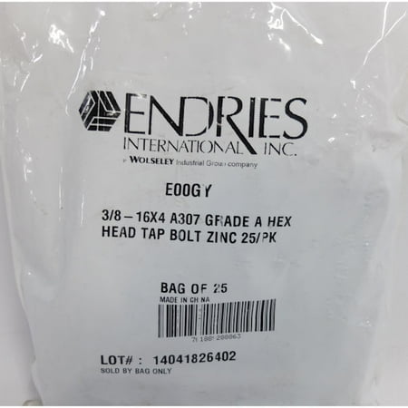 Endries International E00GY 3/8-16X4 Grade A Hex Head Tap Bolt - 25 Pack