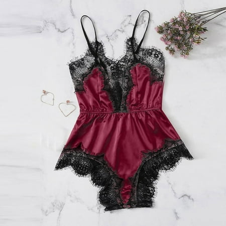 Women Satin Lace Bra Sexy Lingerie Underpant Siamese Sleepwear Bodysuit Babydoll