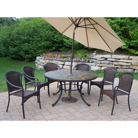 Oakland Living Stone Art All Weather Wicker Swivel Patio Dining Set - Seats 6