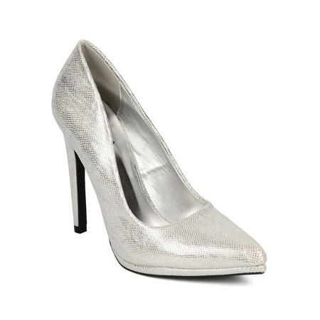New Women Qupid Virtue-15 Metallic Lizard Leatherette Pointy Toe Stiletto Pump