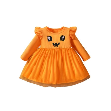 TheFound Halloween Toddler Baby Girls Dress Long Sleeve Cartoon Smile Print Pleated Ruffle Mesh Casual Party Dresses