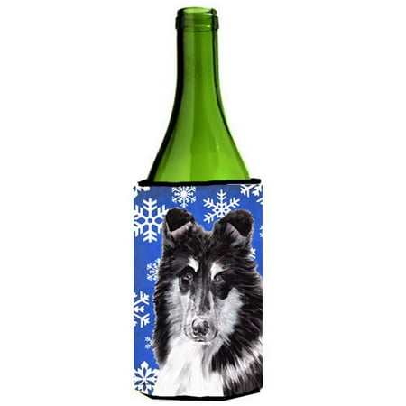 Black And White Collie Winter Snowflakes Wine bottle sleeve Hugger 24 Oz.