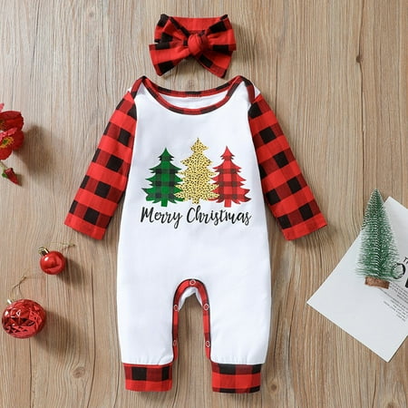 Infant Long Romper Headband Toddler Baby Red Plaid Chritmas Tree Jumpsuit