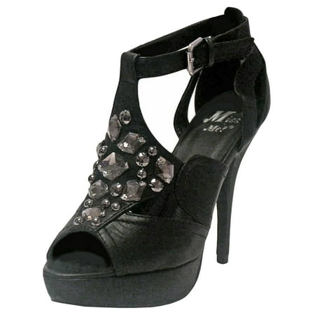 Black Satin Womens Evening Pumps With Gemstone Trim Size 8.5