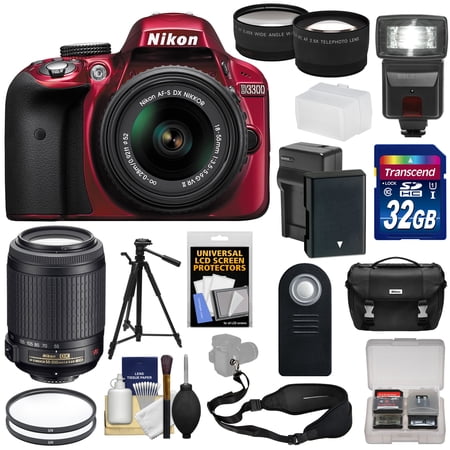 Nikon D3300 Digital SLR Camera & 18-55mm G VR DX II (Red) + 55-200mm VRII Lens + 32GB + Case + Battery\/Charger + Tripod + Flash + Tele\/Wide Lens Kit Nikon D3300 Digital SLR Camera & 18-55mm G VR DX II (Red) + 55-200mm VRII Lens + 32GB + Case + Battery\/Charger + Tripod + Flash + Tele\/Wide Lens Kit