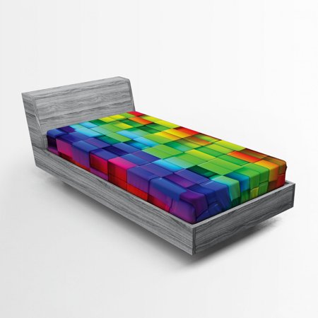 Colorful Fitted Sheet Rainbow Colored Contour Display Futuristic Block Brick-Like Geometric Artisan, Soft Decorative Fabric Bedding, Multicolor, by Ambesonne