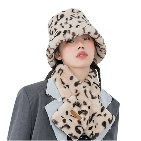 Clearance Scarfs for Women Ladies Leopard Plush Fisherman Hat Scarf Two-Piece Suit Warm Hat Bib