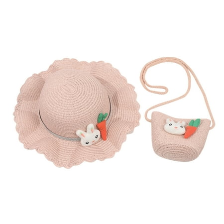 Kids Children Girls Cartoon Rabbit Sunshade Hat Straw Beach Sun Hat + Straw Bag