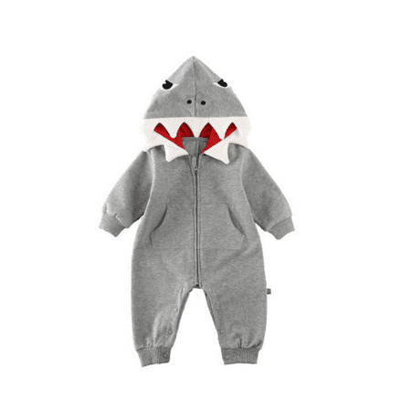 Baby Boy Girl Shark Hooded Romper Long Sleeve Cute Zipper Closure with Pockets Bodysuit Playsuit for Spring/Autumn/Winter