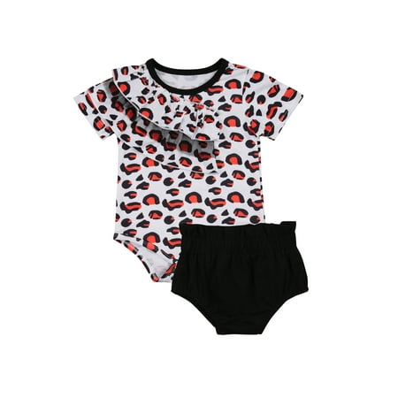 One opening Baby Girls Outfit Leopard Flouncing Romper Casual Shorts