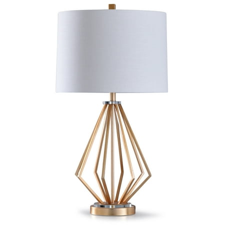 Upton - Caged Metal Table Lamp with Crystal Accent and Drum Shade - Gold Finish with Clear Crystal and White Shade