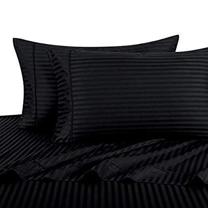 Split-King Size Sheets with 2 Twin-XL Fitted Sheets, Black, 100% Cotton Sheets, Deep Pocket, Cool Cotton Sateen, Smooth Striped Pattern Weaved Bed Sheets