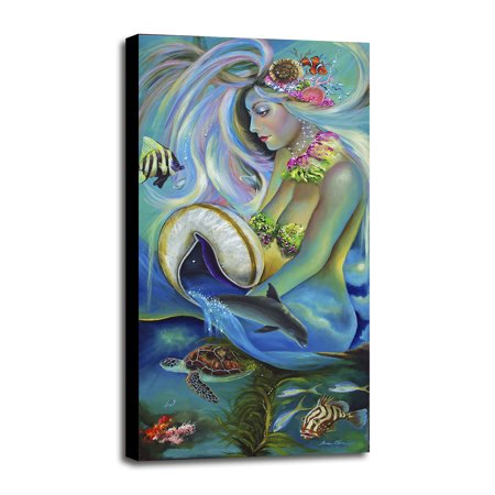 Fergierina the Mermaid-SUECLY111464 Print 32.25"x16" by Sue Clyne in a Canvas Stretched in Maple Frame