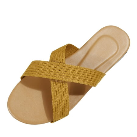 Cathalem Ladies Fashion Summer Solid Elastic Knitting Open Toe Flat Beach Slippers Yellow 39