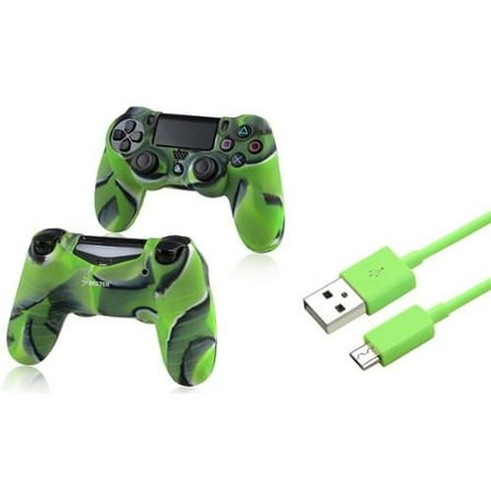 Insten Green 3FT Micro USB Charger Cable+Camouflage Navy Green Skin Case Cover for Sony PS4 Playstation 4