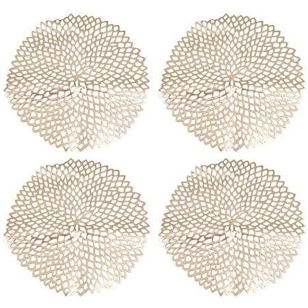 Galnuat 4Pcs PVC Placemats Round Hollow Waterproof Non Table Mats Insulated Pad Coaster Home Wedding Decoration Dinner Placemat Gold