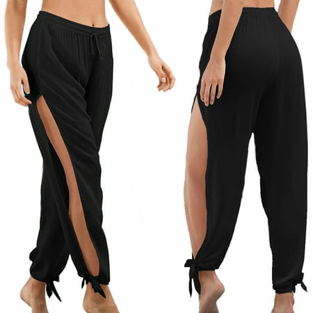 

Dadaria High Waisted Wide Leg Pants for Women Cropped Solid Pokets Elastic Drawstring Trousers Hollow Out Pants Black L Female