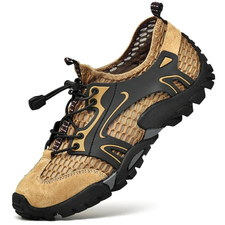 Mens Outdoor Sneakers Water Shoes Mesh Breathable Slip on Flats Casual Anti-slip Hiking 38 Golden