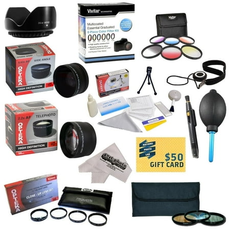 CANON EOS REBEL T5I T4I SL1 T3 T3i 60D XS i XT XTI XS 15 Piece Kit with 0.20X Super Wide Angle Fisheye lens, 5 PC Close-Up Set, 2.2x Telephoto Lens, 3 Piece Filter Kit, Microfiber Cloth, $50 Gift Card