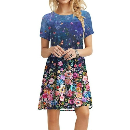 YANHOO Women s Casual Plain Loose Short Sleeve Loose Dress Floral Print Sunflower Print Dresses for Women 2023