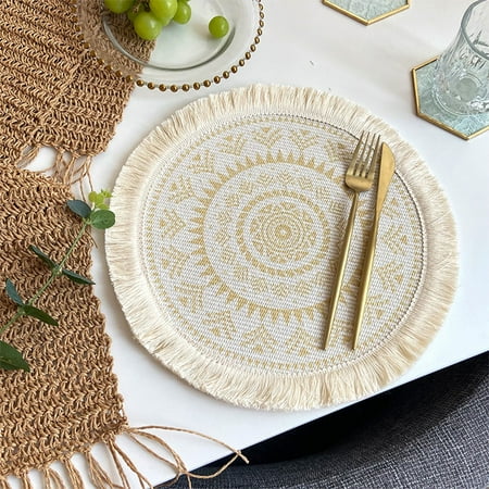 Light Bohemian Style Woven Meal Pad Fabric Tassel Heat Insulation Pad Doilies round Place Mats Indoor Dining Table with Storage Set for 4 round Table Mats 6 Small Kitchen Table Set
Light Bohemian Style Woven Meal Pad Fabric Tassel Heat Insulation Pad Doilies round Place Mats Indoor Dining Table with Storage Set for 4 round Table Mats 6 Small Kitchen Table Set